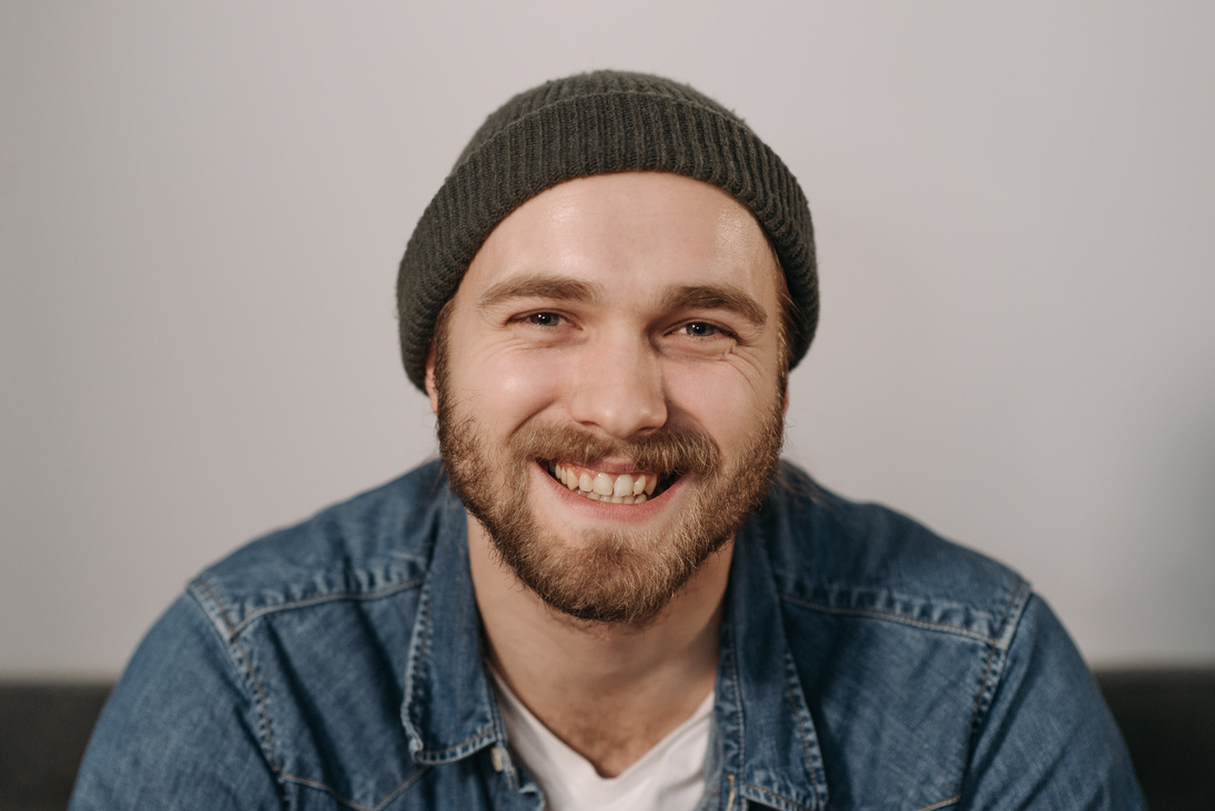 Bearded Man Wearing Knit Cap Smiling